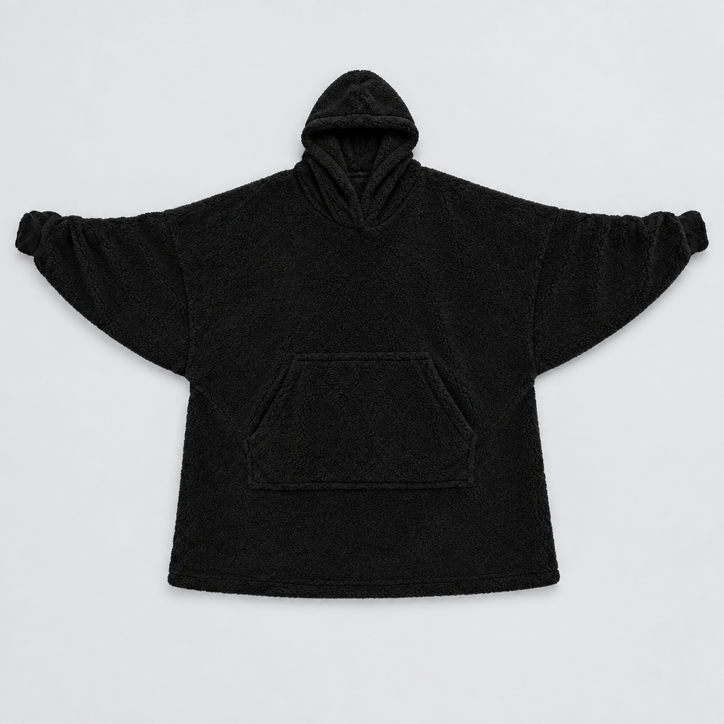 Black Hibernation Hoodie laid flat showing its full oversized wingspan
