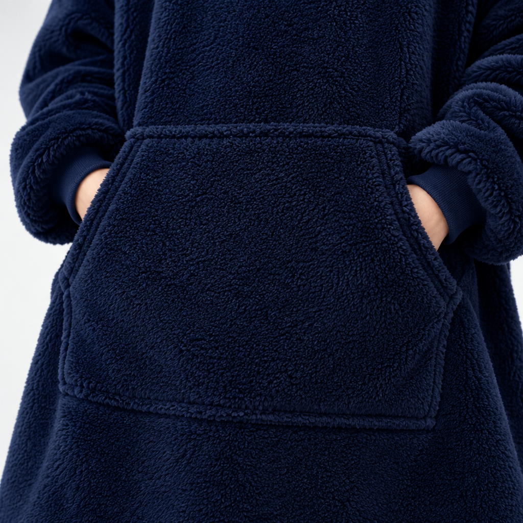 Hands tucked into the oversized kangaroo pocket of the navy Hibernation Hoodie