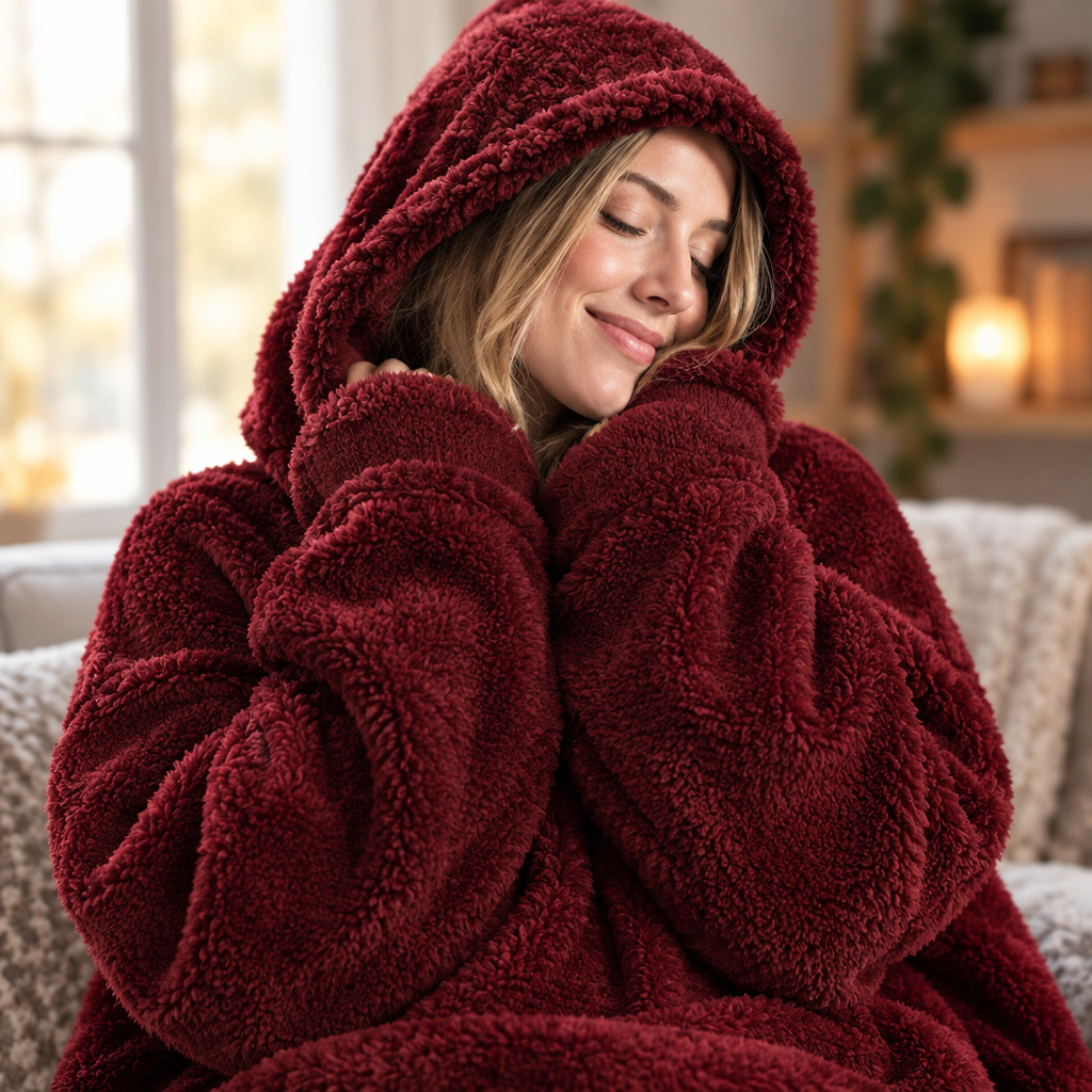 Close up of a woman nuzzling into the plush hood of the wine red Hibernation Hoodie