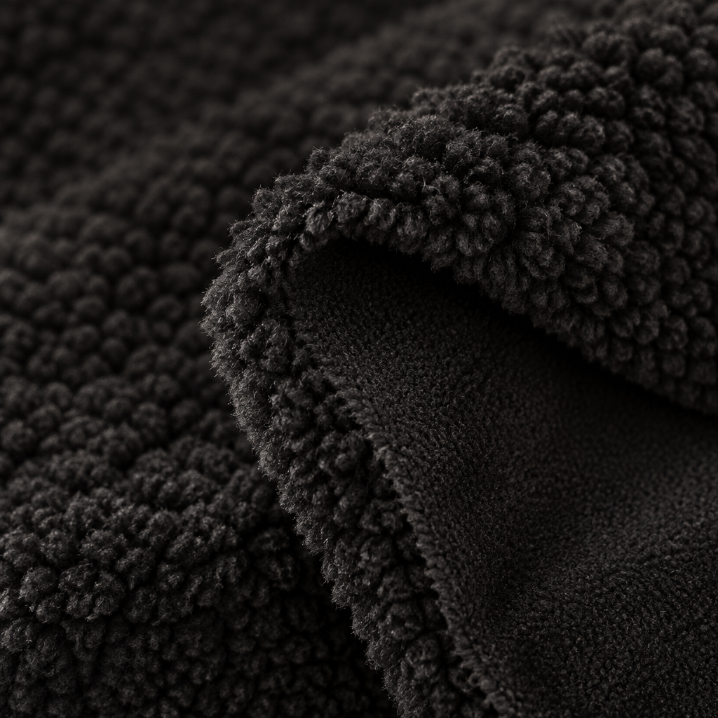 Macro detail of the double sided sherpa fleece showing both plush faces of the fabric
