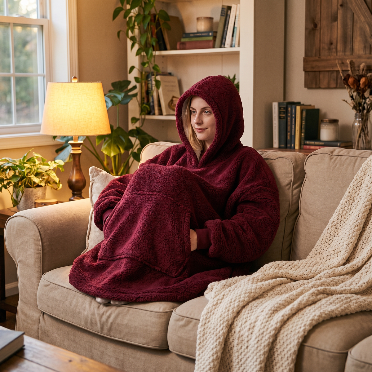 Woman on a couch wrapped in the wine red Hibernation Hoodie with the hood up
