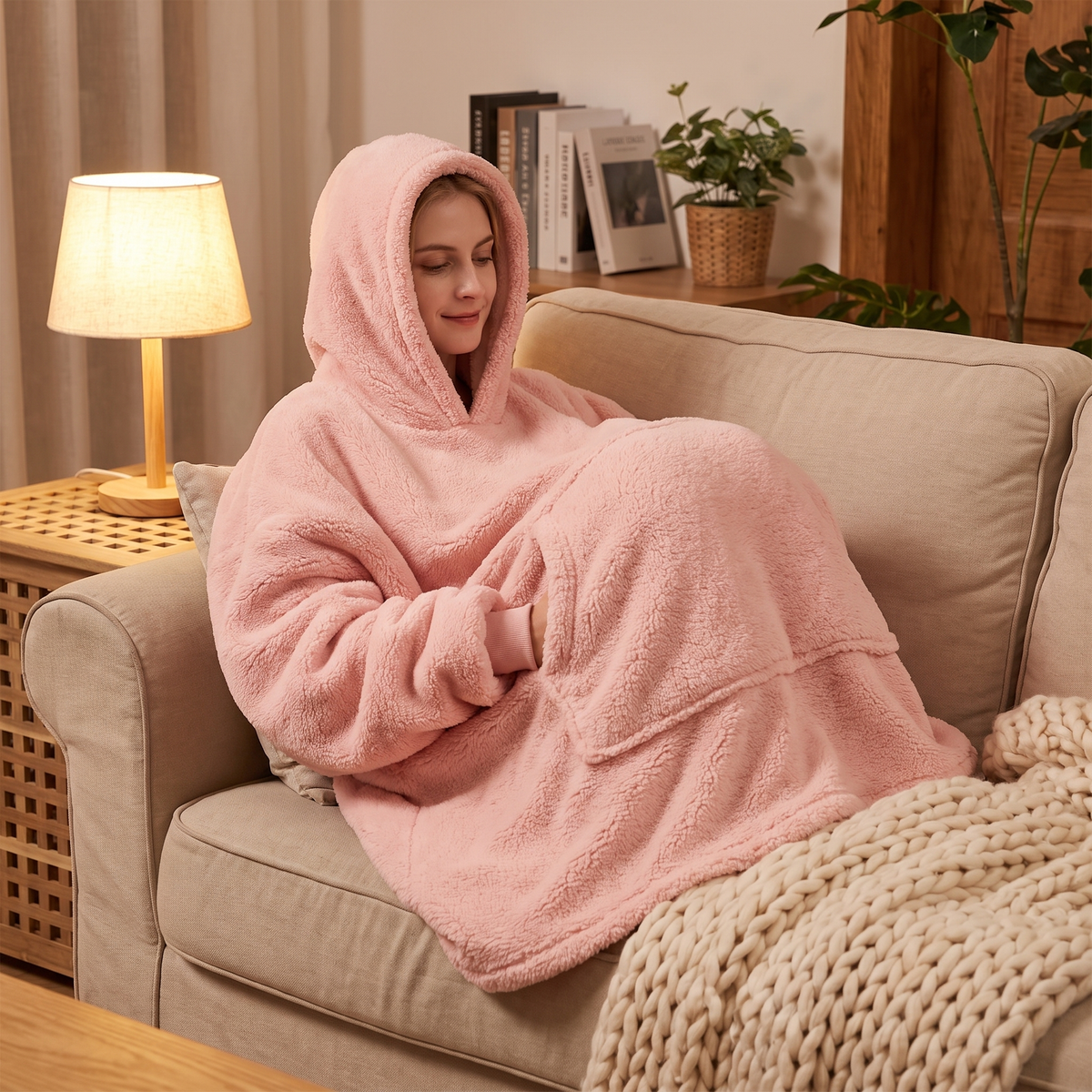 Woman on a couch wrapped in the blush pink Hibernation Hoodie with the hood up