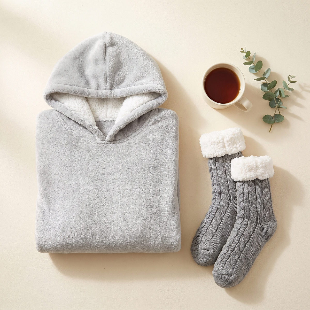 Grey Hibernation Hoodie folded beside matching grey cable knit slipper socks