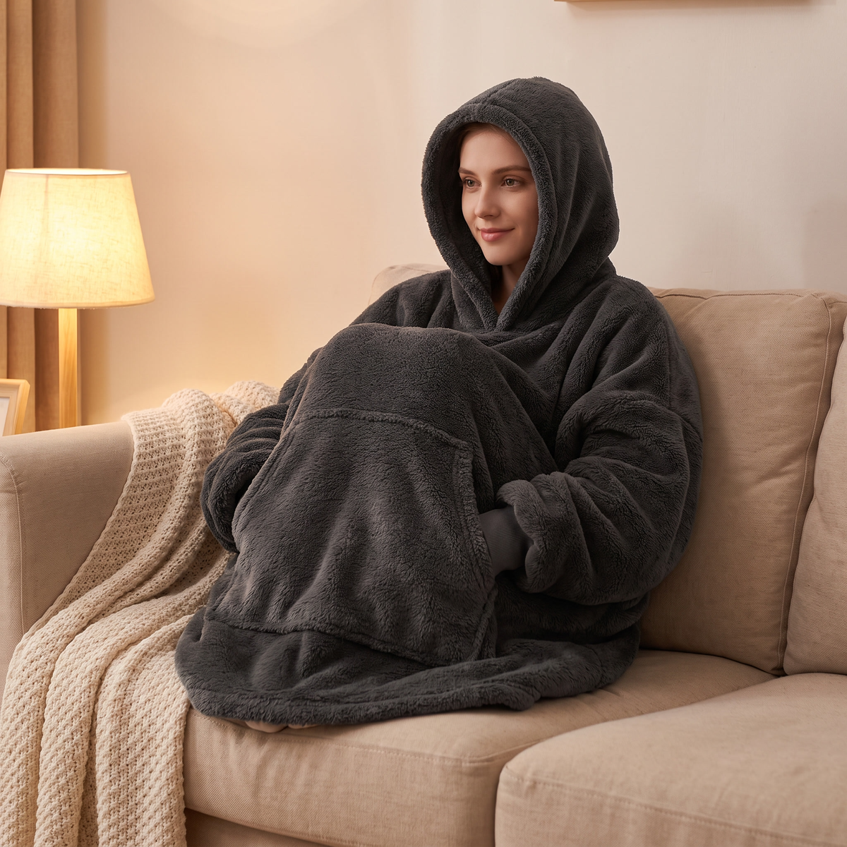 Woman on a couch wrapped in the dark charcoal grey Hibernation Hoodie