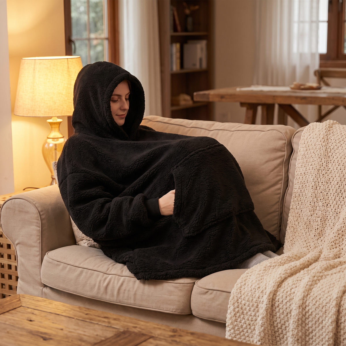 Woman on a couch wrapped in the black Hibernation Hoodie with the hood up