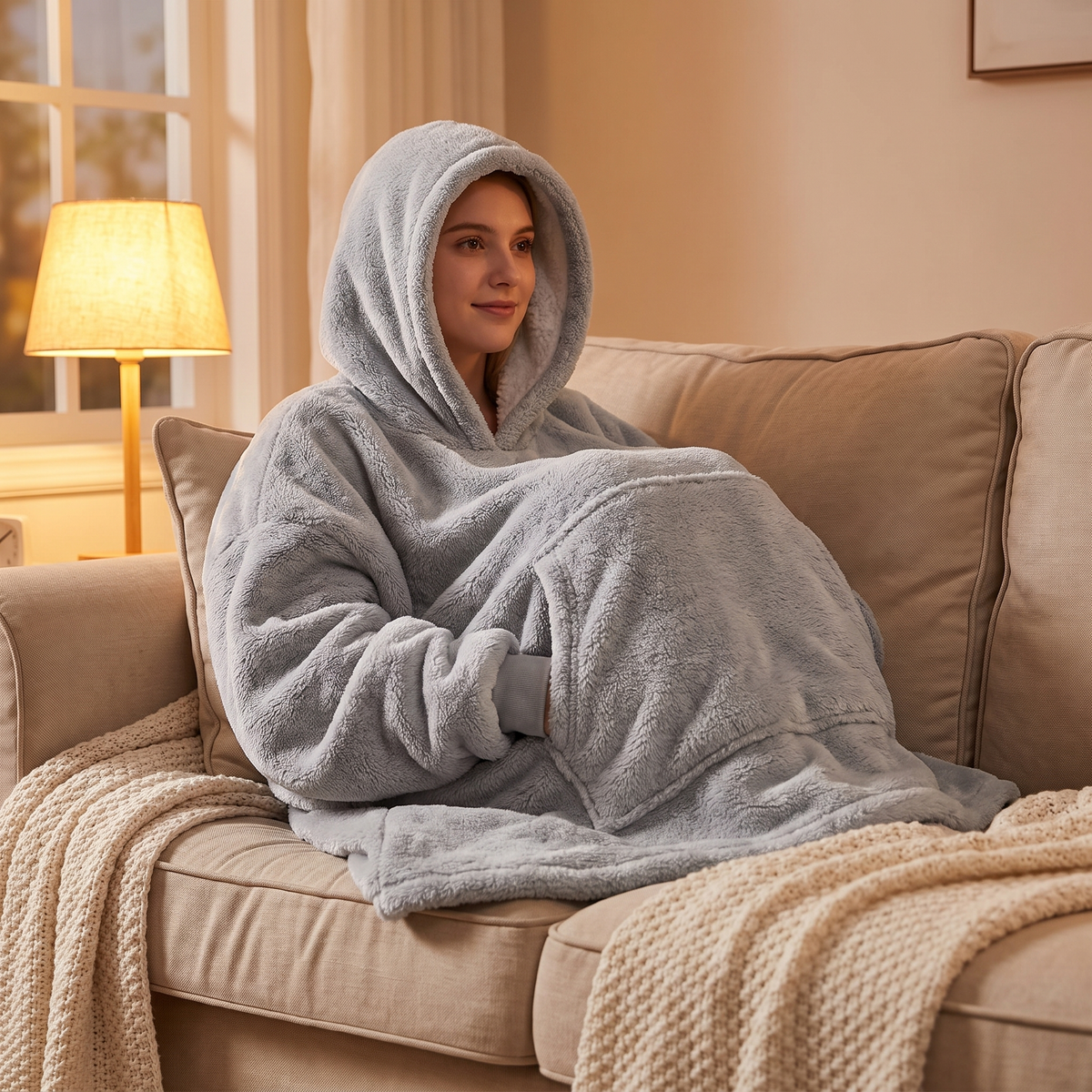 Woman on a couch wrapped in the light grey Hibernation Hoodie with the hood up