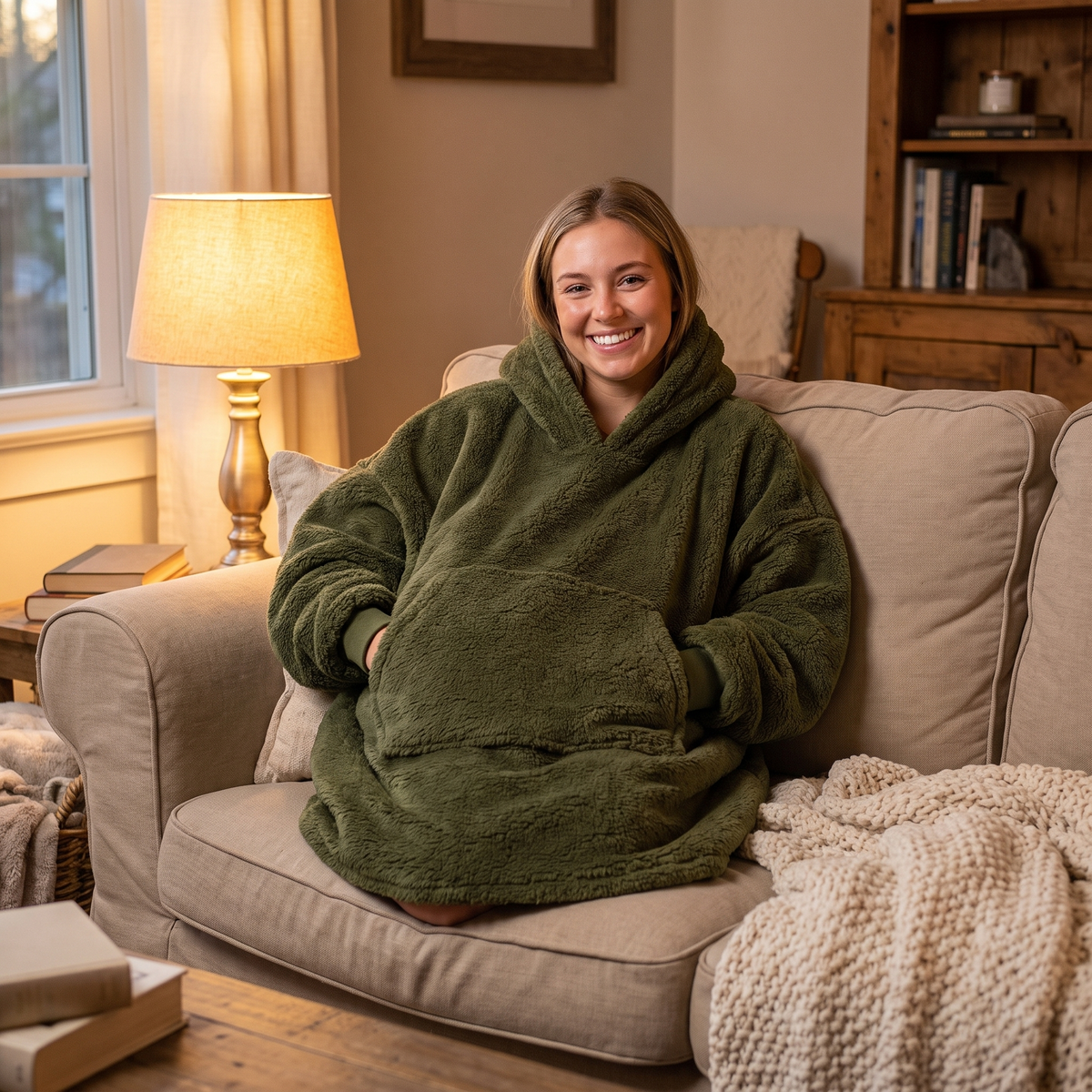 Smiling woman on a couch wearing the army green Hibernation Hoodie