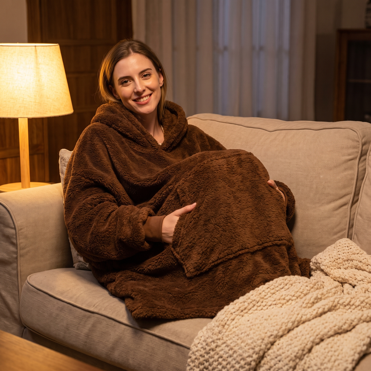 Smiling woman on a couch wearing the coffee brown Hibernation Hoodie